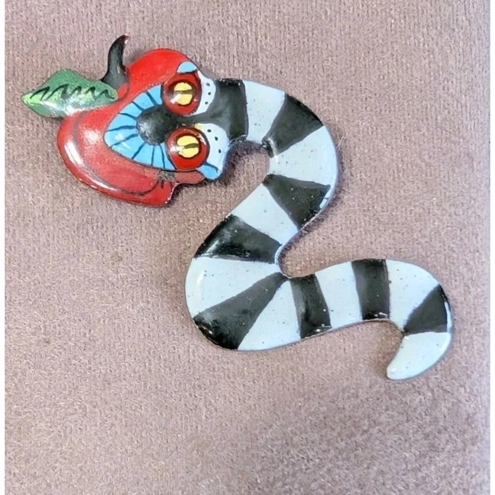 Enamel on Copper Snake Apple Brooch Susan Jones Hunt Signed S Jones 2008